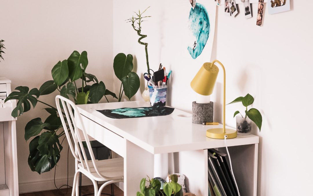 creative home office with desk lamp and houseplants